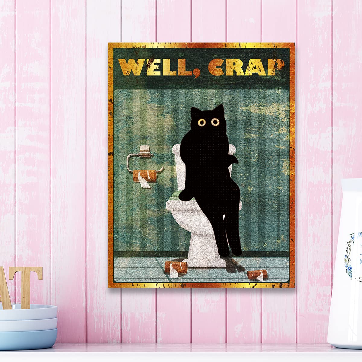 Amazon.co.jp: おもしろトイレ 黒猫 キャンバスプリント 装飾 井戸